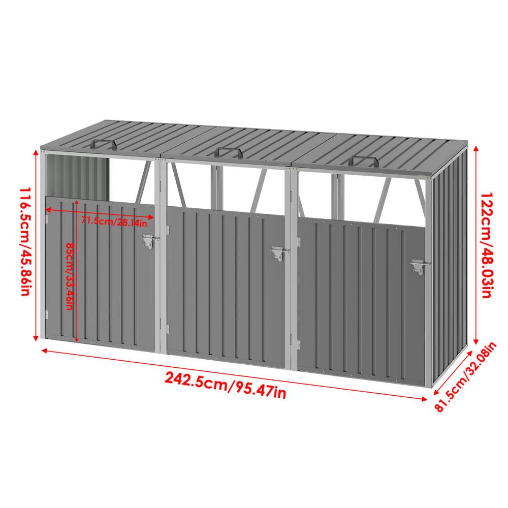 3 Bin Storage Shed – Heavy-duty Galvanized Steel Outdoor Bin Store With Lift-up Lids & Lockable Doors | Grey