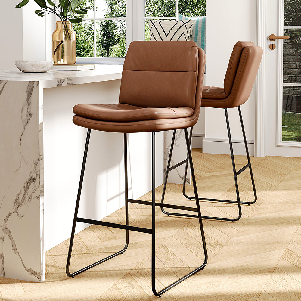 Set Of 2 Pu Leather Bar Stools – Modern Counter Chairs With Double-layer Cushion & Black Metal Legs | Brown