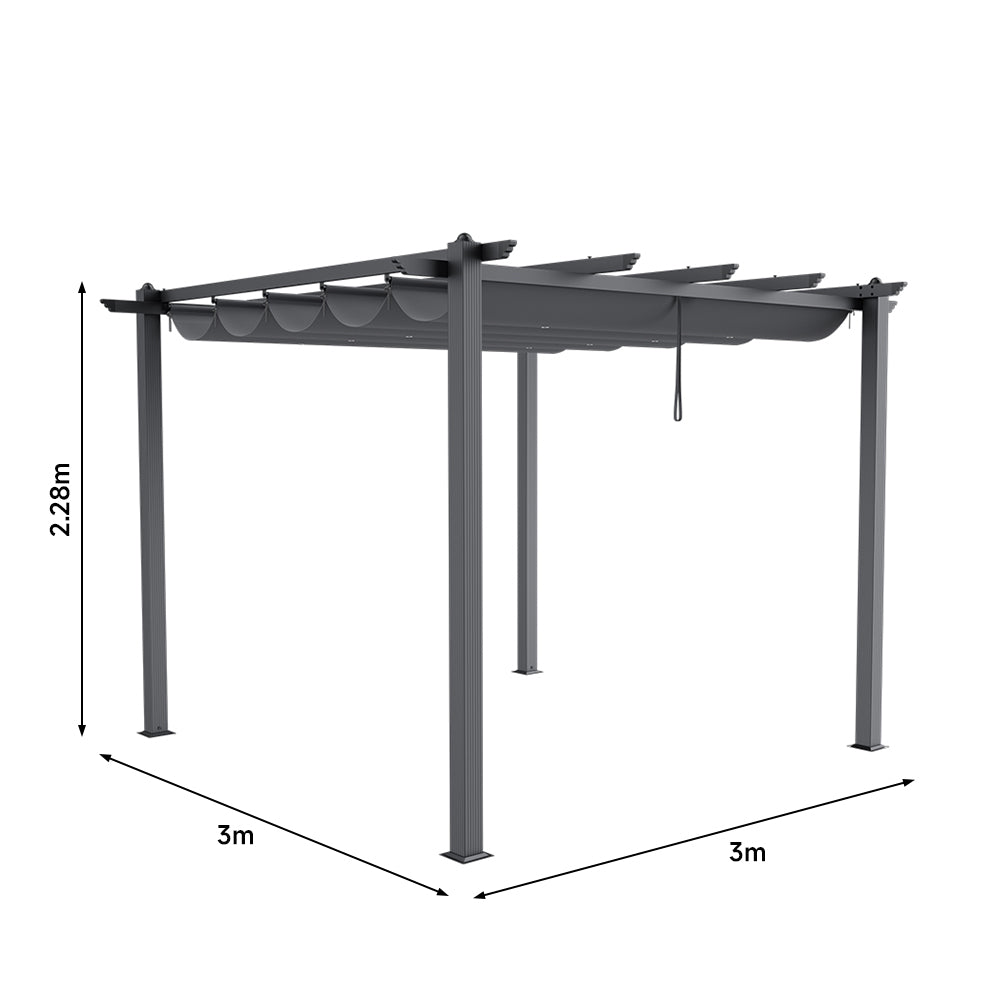 3m X 3m Aluminium Pergola With Retractable Roof,pa-coated Polyester Canopy，outdoor Garden Gazebos Water-resistant