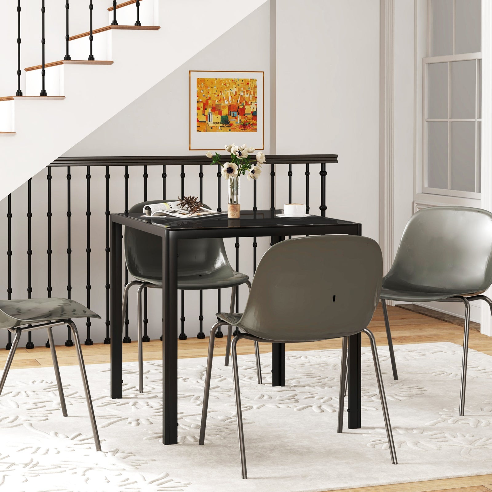 HOMCOM Modern Square Dining Table With Tempered Glass Top Metal Legs