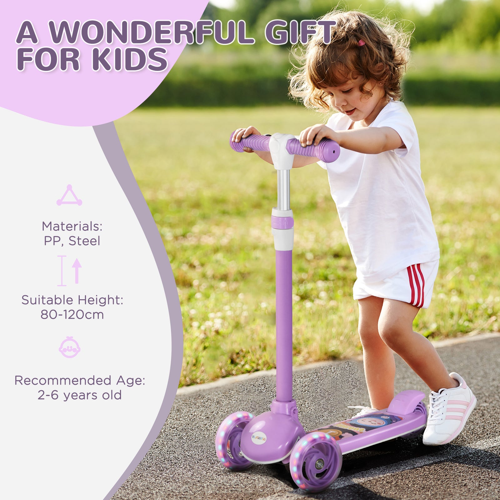 Kids 3 Wheel Scooter For 2-6 Years Old W/ Adjustable Height | Purple