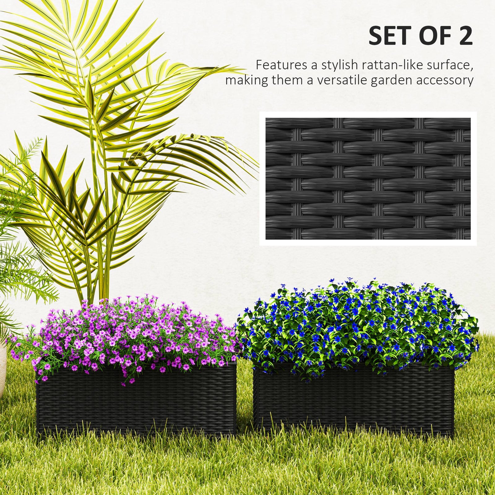 Set Of 2 Hanging Flower Boxes, 50 Cm Long, Rattan Look | Black