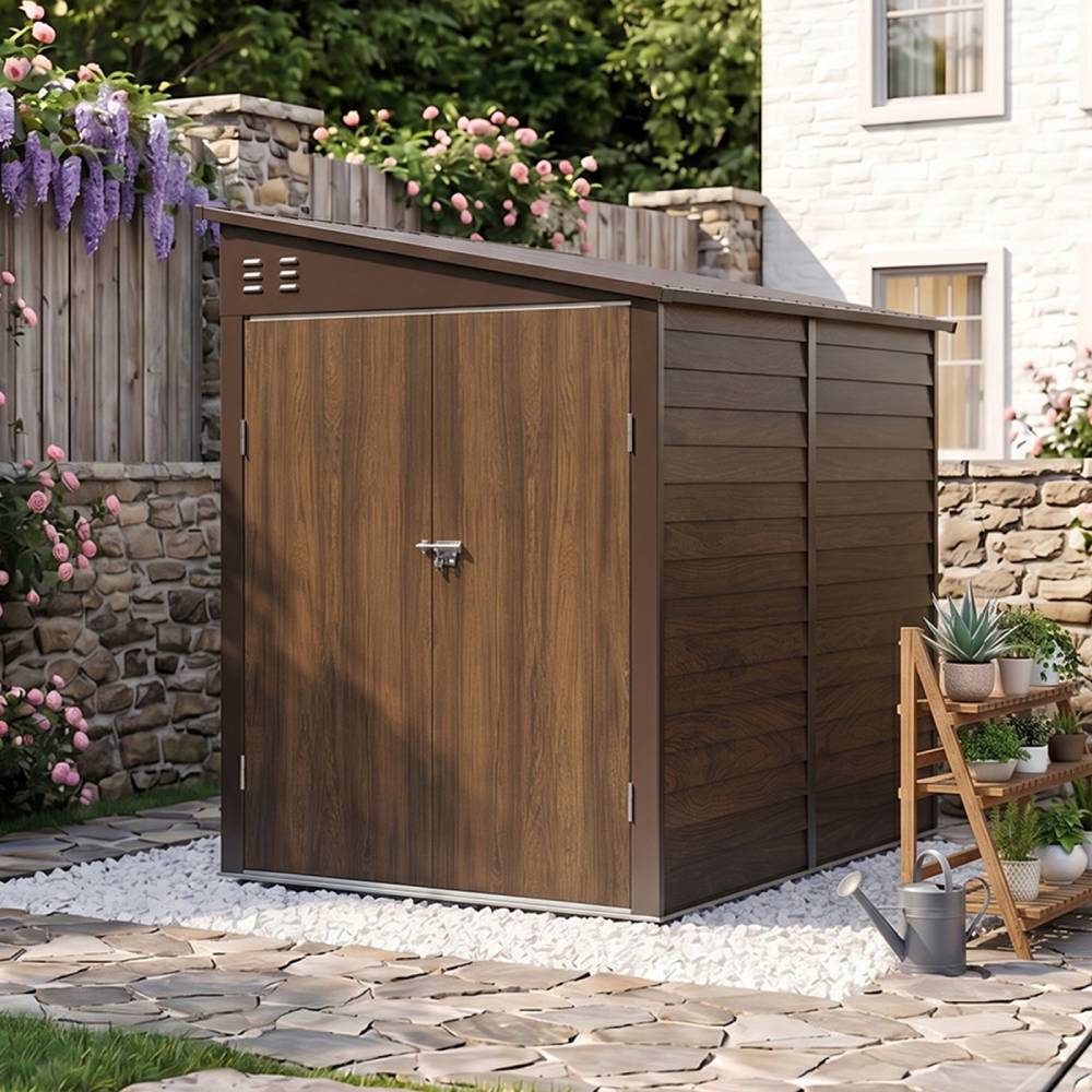 4.6 X 9ft Outdoor Metal Storage Shed With 3d Brown Wood Grain Finish,garden Tool Storage House, Double Doors, 2 Vents & 4 Hooks
