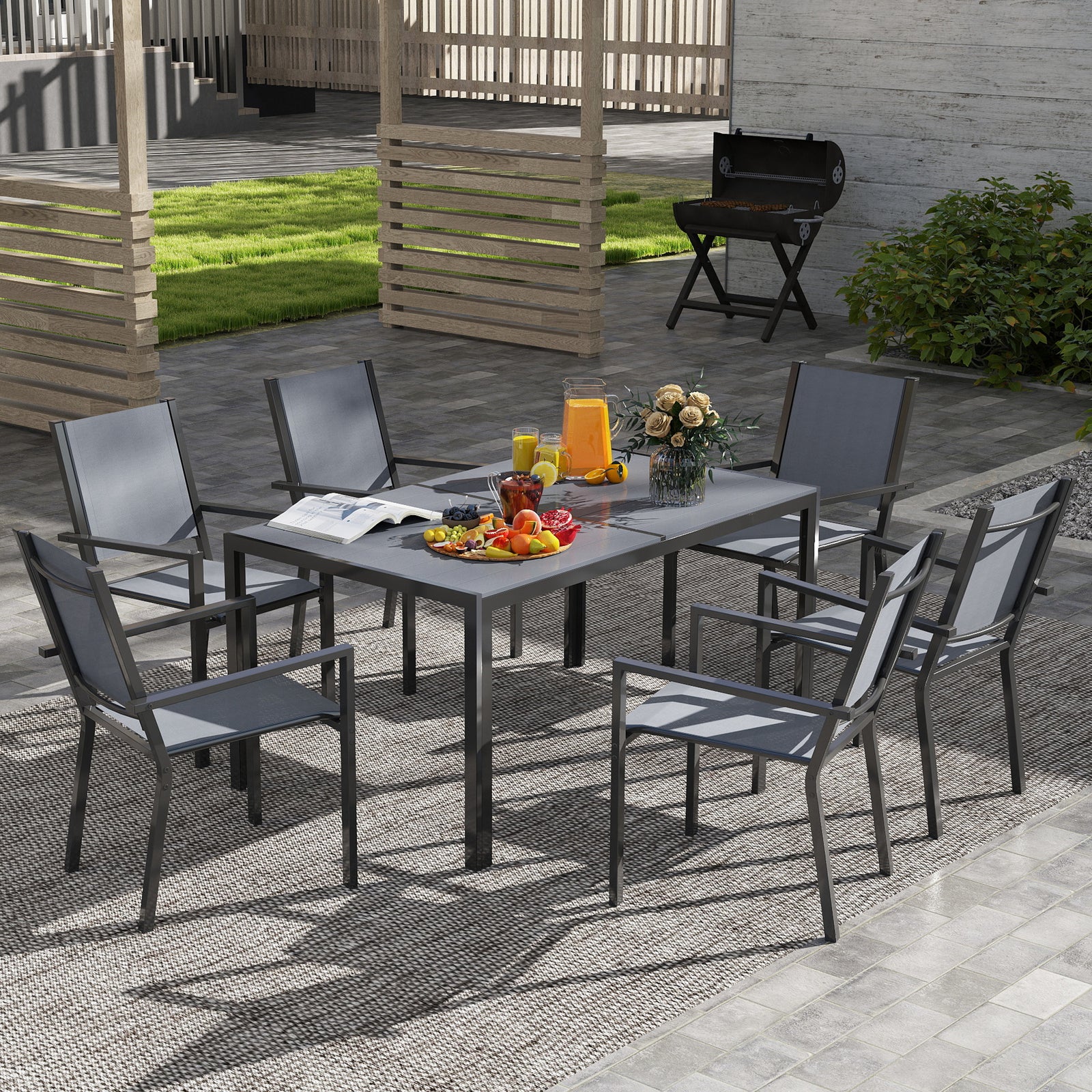 7-piece Wpc Dining Set, 6 Stackable Chairs, Rectangle
