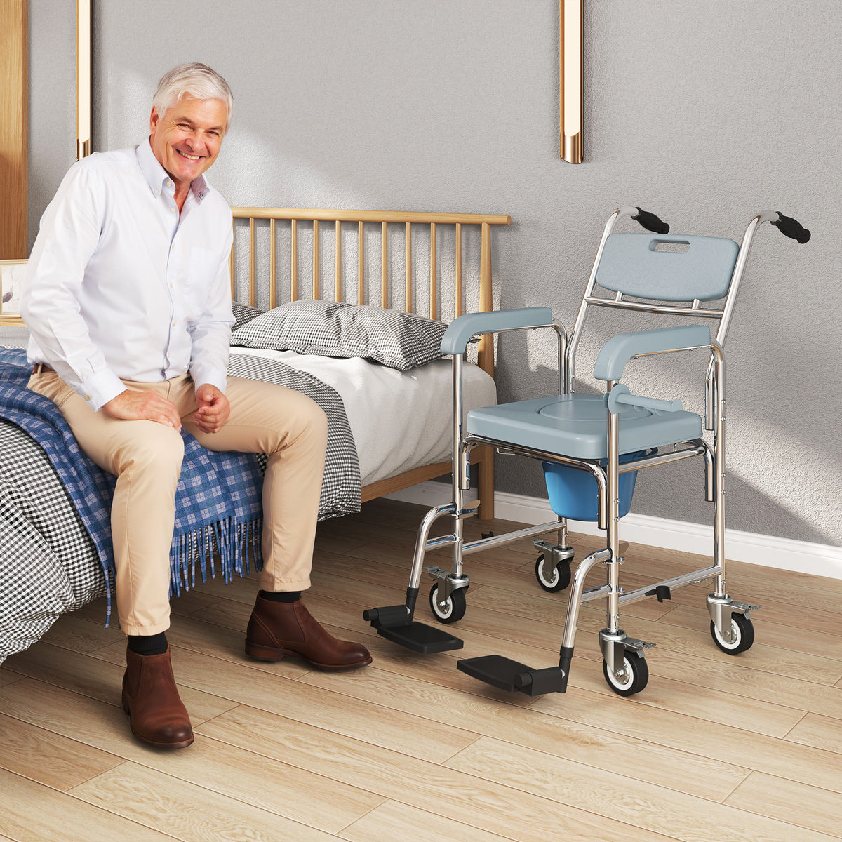 HOMCOM 4 In 1 Shower Chair With Wheels, Bedside Commode Wheelchair, Grey