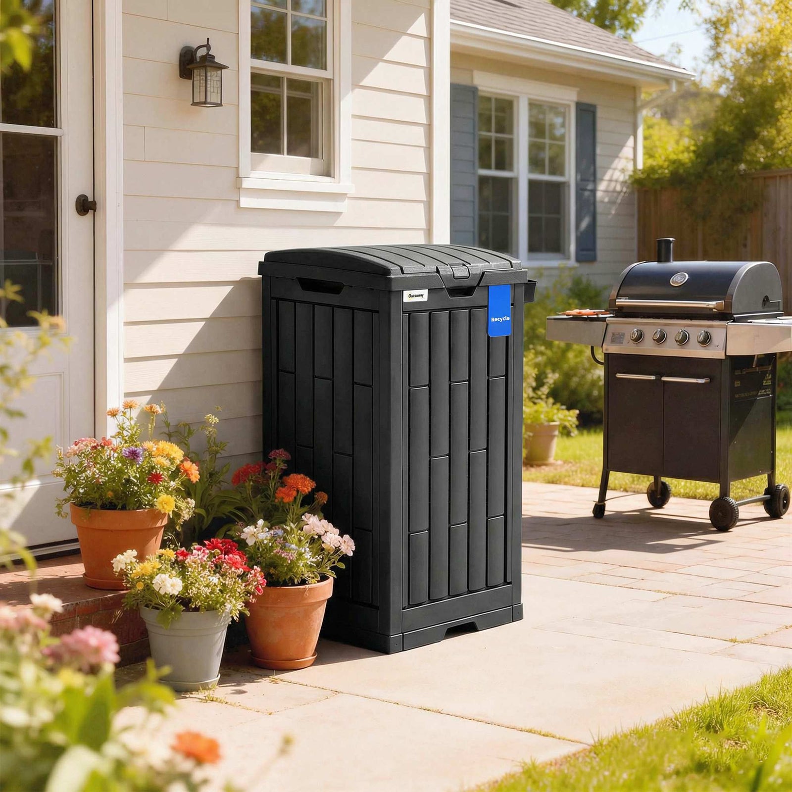 Outsunny 110 L Outdoor Bin With Dual Lid, side holder, Drip Tray, Black