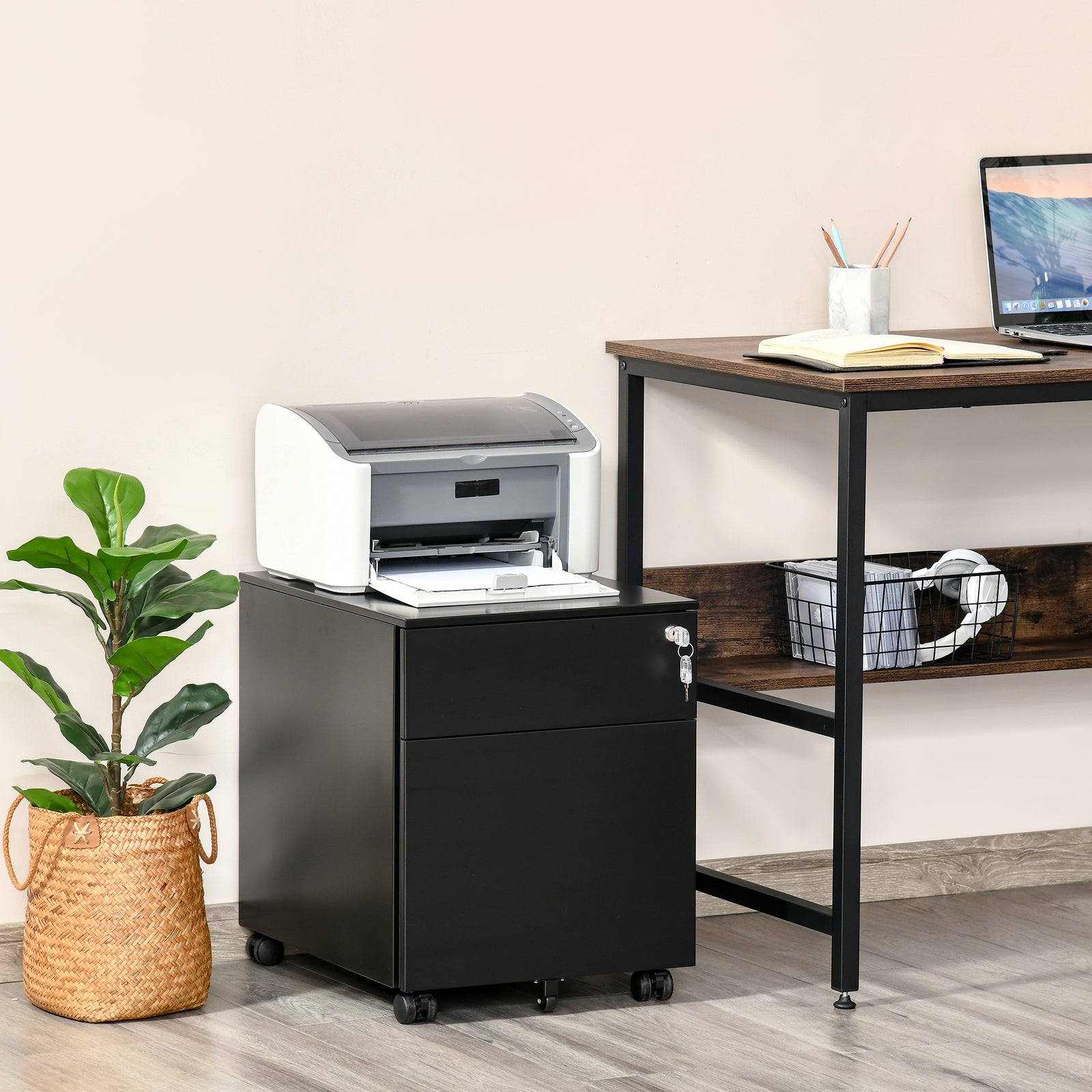 Mobile File Cabinet Steel Lockable With Pencil Tray | One Size | Black
