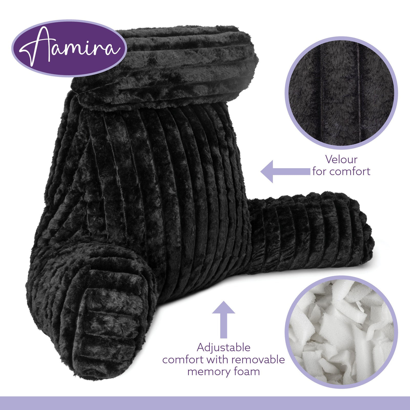 Luxurious Xl Reading Pillow Detachable Headrest, Soft Ribbed Faux Fur, Memory Foam Cuddle Cuddle Cushion Backrest | XL | Black