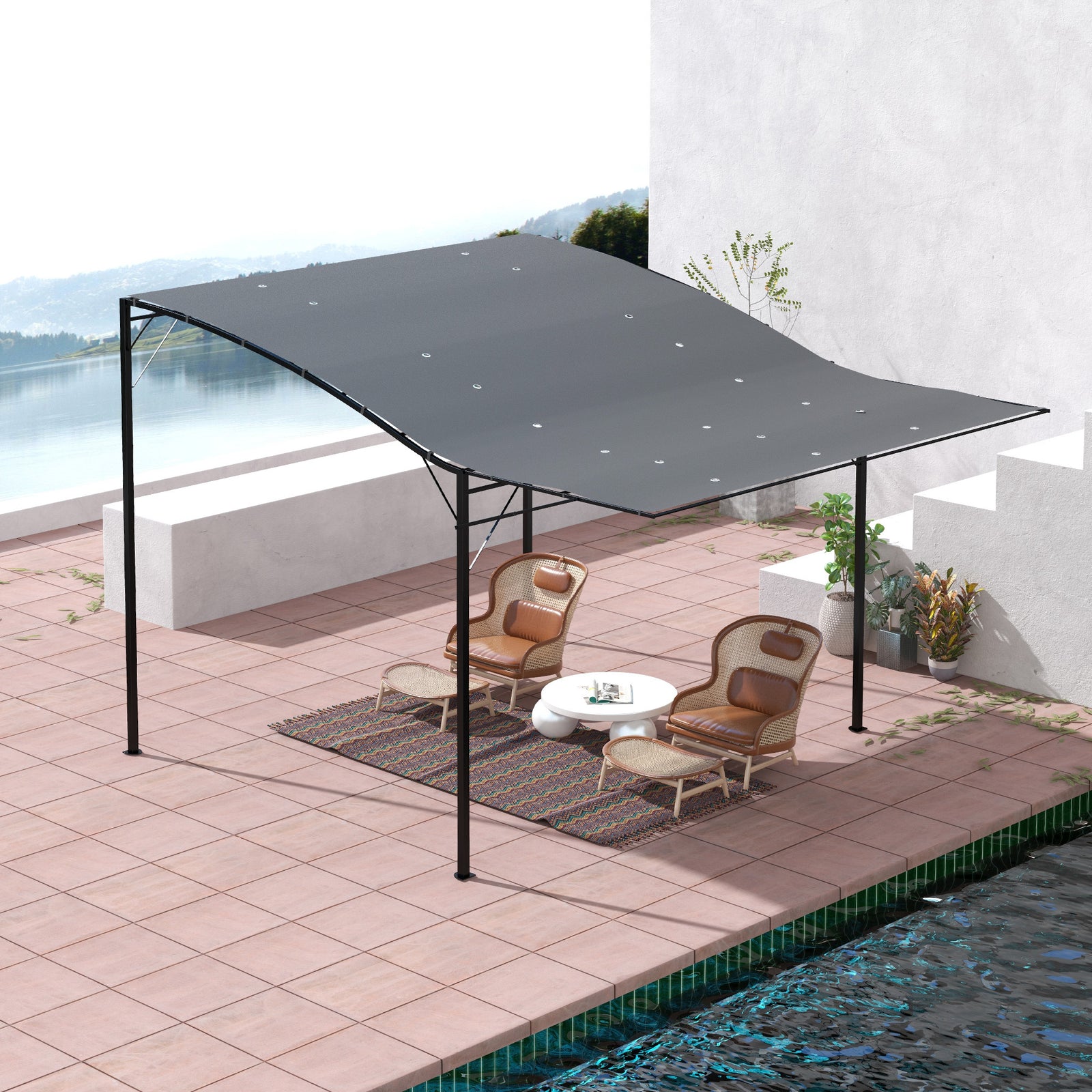 Patio Metal Gazebo Door Window Awning Wall Mount Shelter | Charcoal Gray