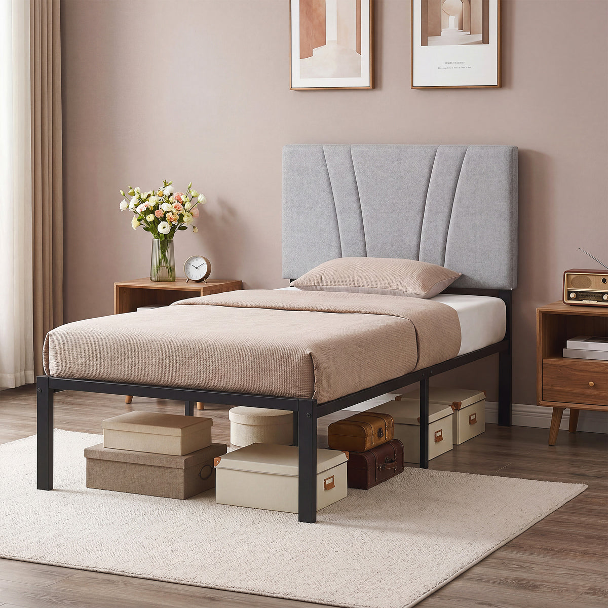 HOMCOM 3ft Single Bed Frame With Upholstered Headboard And Underbed Storage