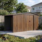 4x8ft Outdoor Metal Storage Shed With With Extra 70cm Firewood Storage – Apex Roof Garden Tool Shed, Double Sliding Doors,brown Wood Grain, Ventilated & Rust-resistant Garden Shed