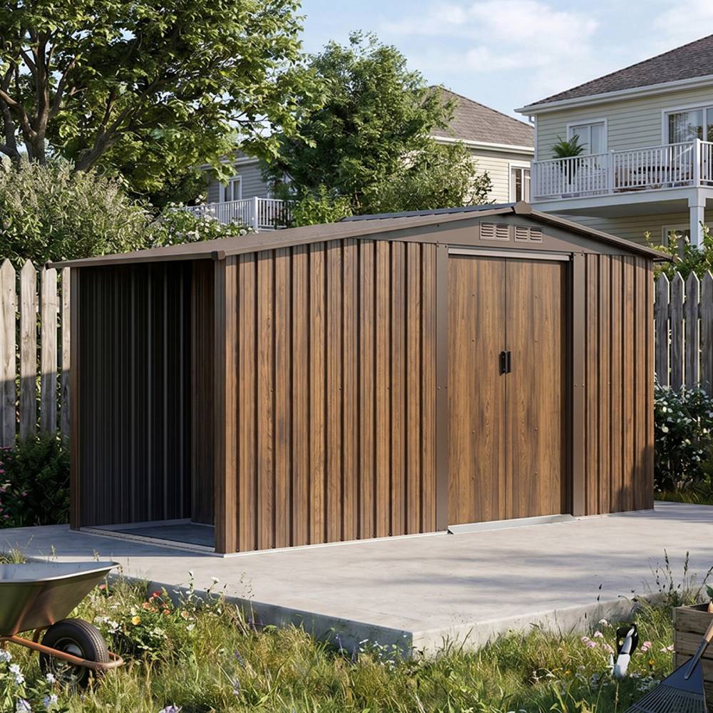 4x8ft Outdoor Metal Storage Shed With With Extra 70cm Firewood Storage – Apex Roof Garden Tool Shed, Double Sliding Doors,brown Wood Grain, Ventilated & Rust-resistant Garden Shed