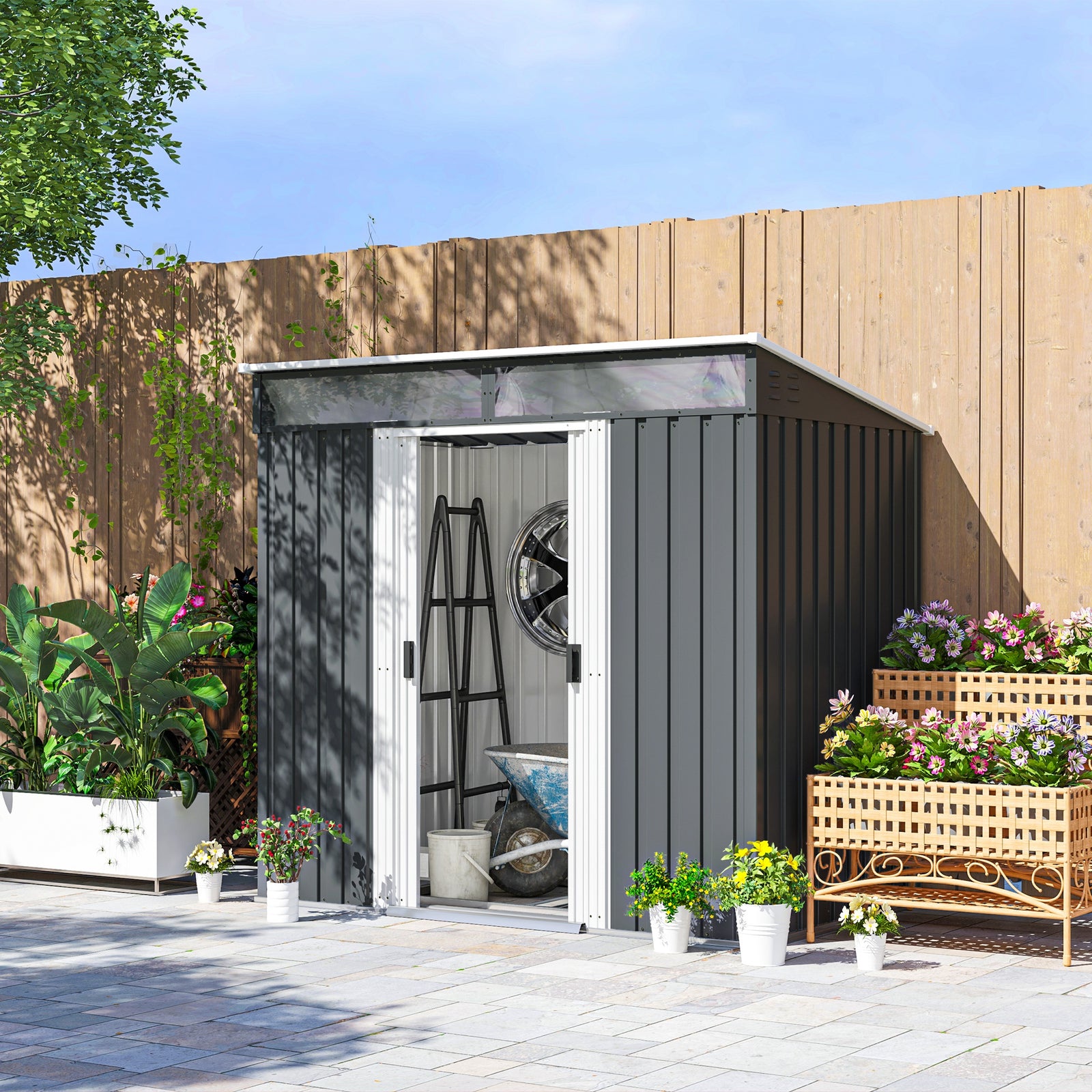 6.5x4ft Garden Shed W/ Foundation Lockable Metal Tool Shed | Grey