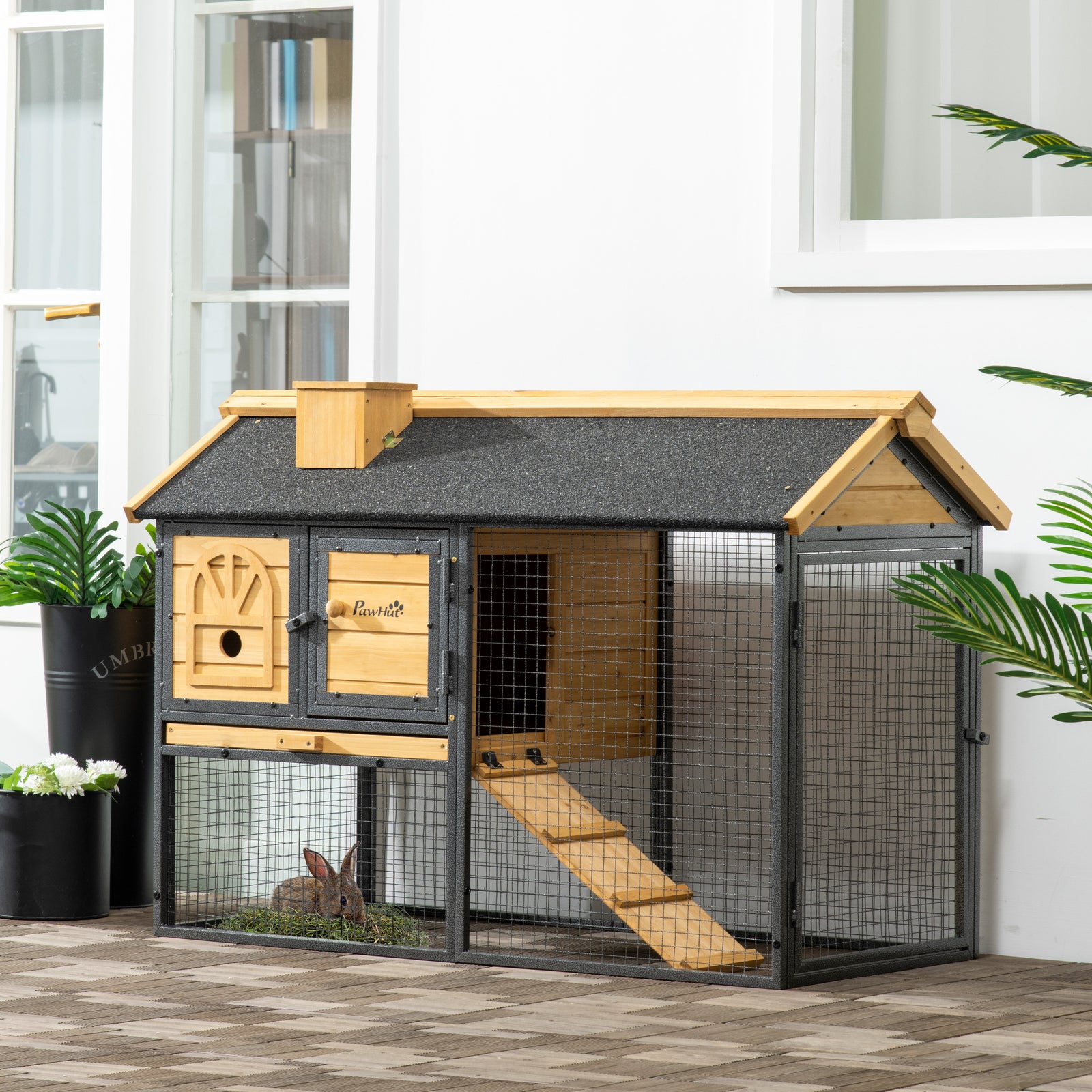Rabbit Hutch Outdoor Bunny Cage W/ Run, Removable Tray, 120 X 55.5 X 80cm