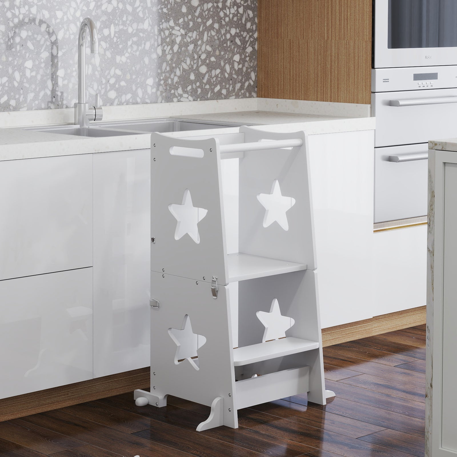 Aiyaplay 2 In 1 Toddler Step Stool With Safety Rail For Kitchen, White