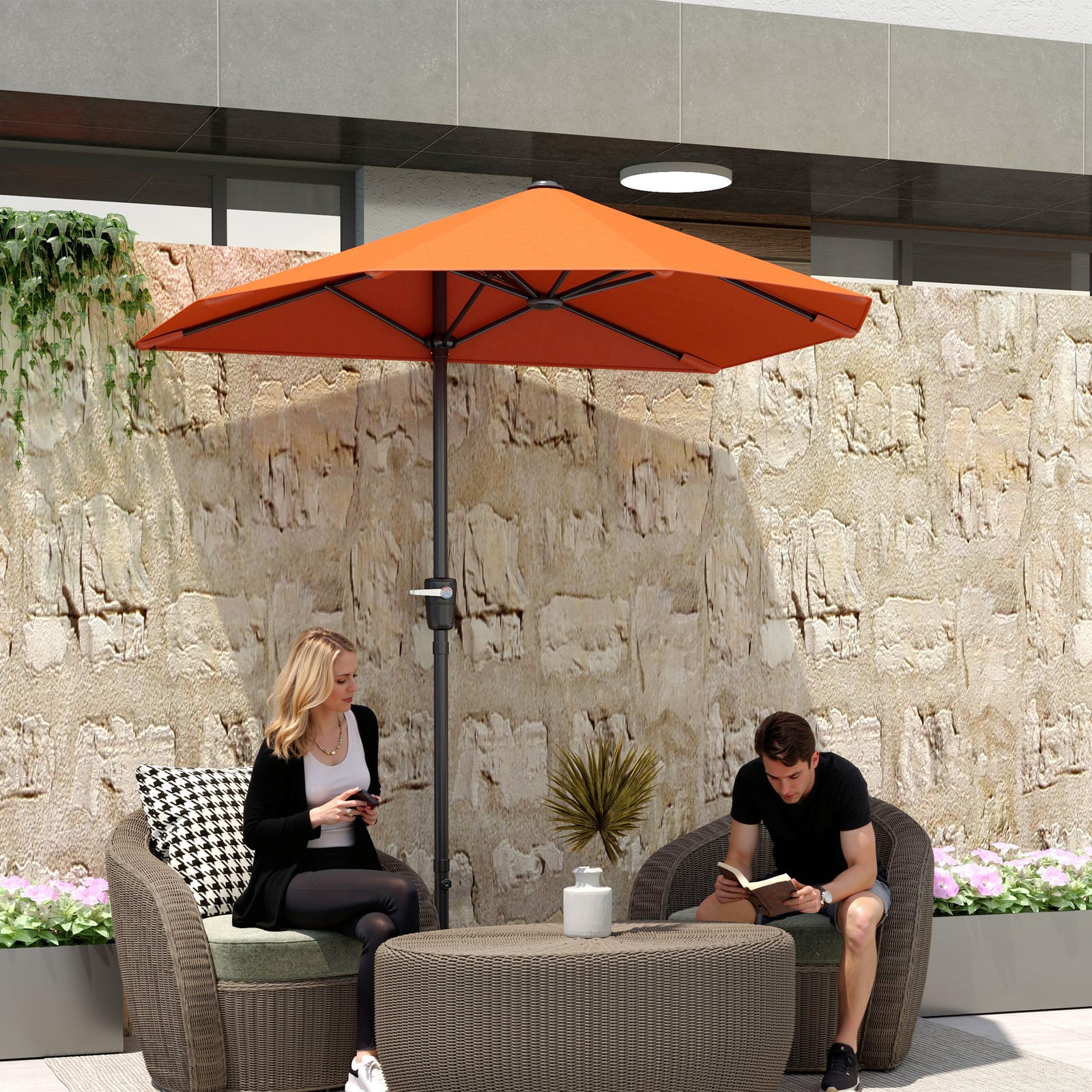 2m Half Garden Parasol Market Umbrella W/ Crank Handle, Base