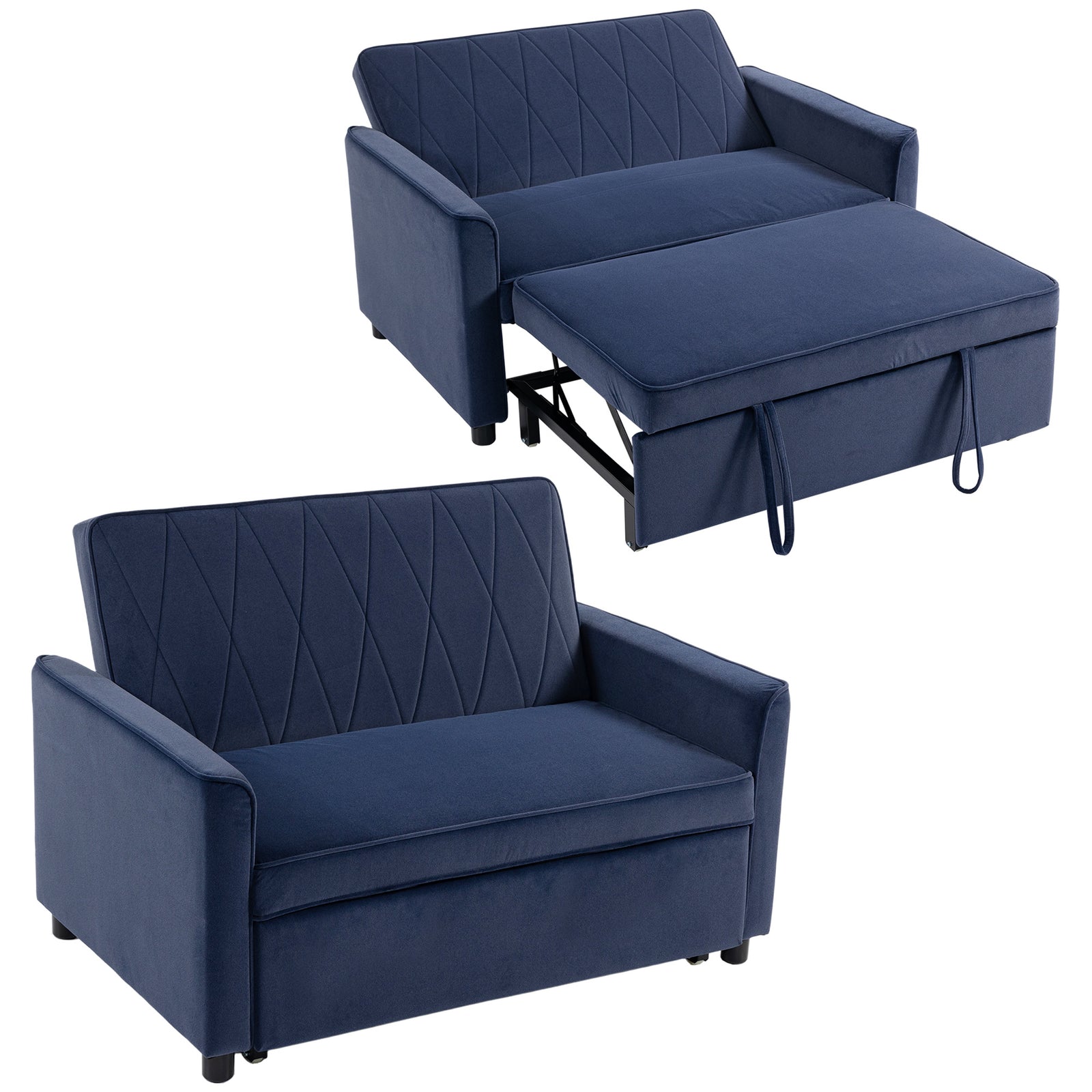2 Seater Sofa Bed, 3-in-1 Velvet Pull Out Sleeper Sofa | Dark Blue