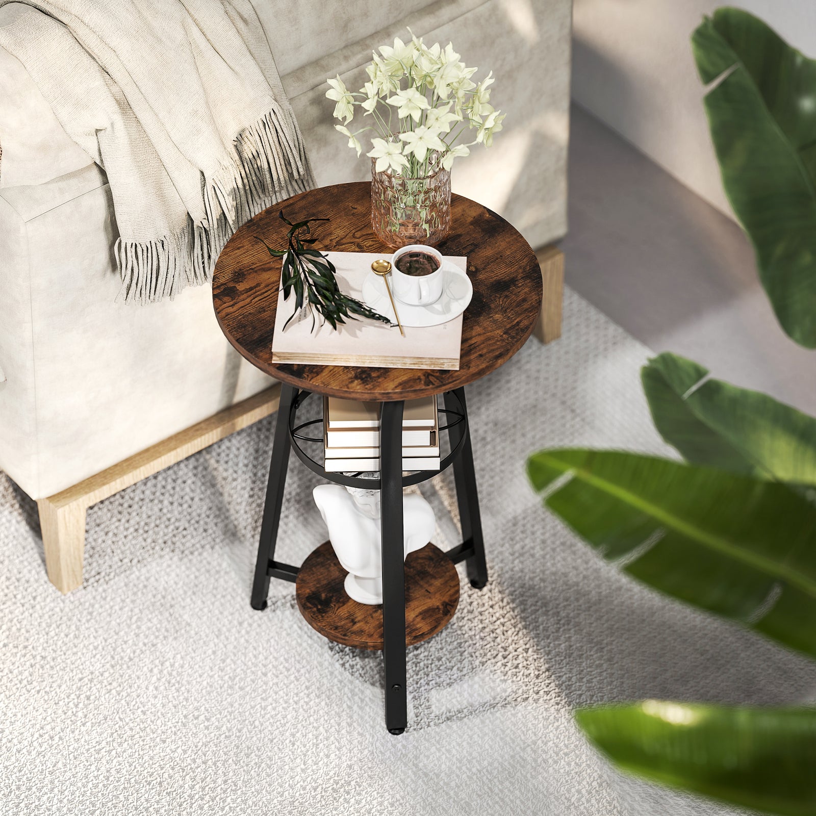 HOMCOM 3-tier Small End Table Industrial 38 Cm Round Side Table Rustic Brown