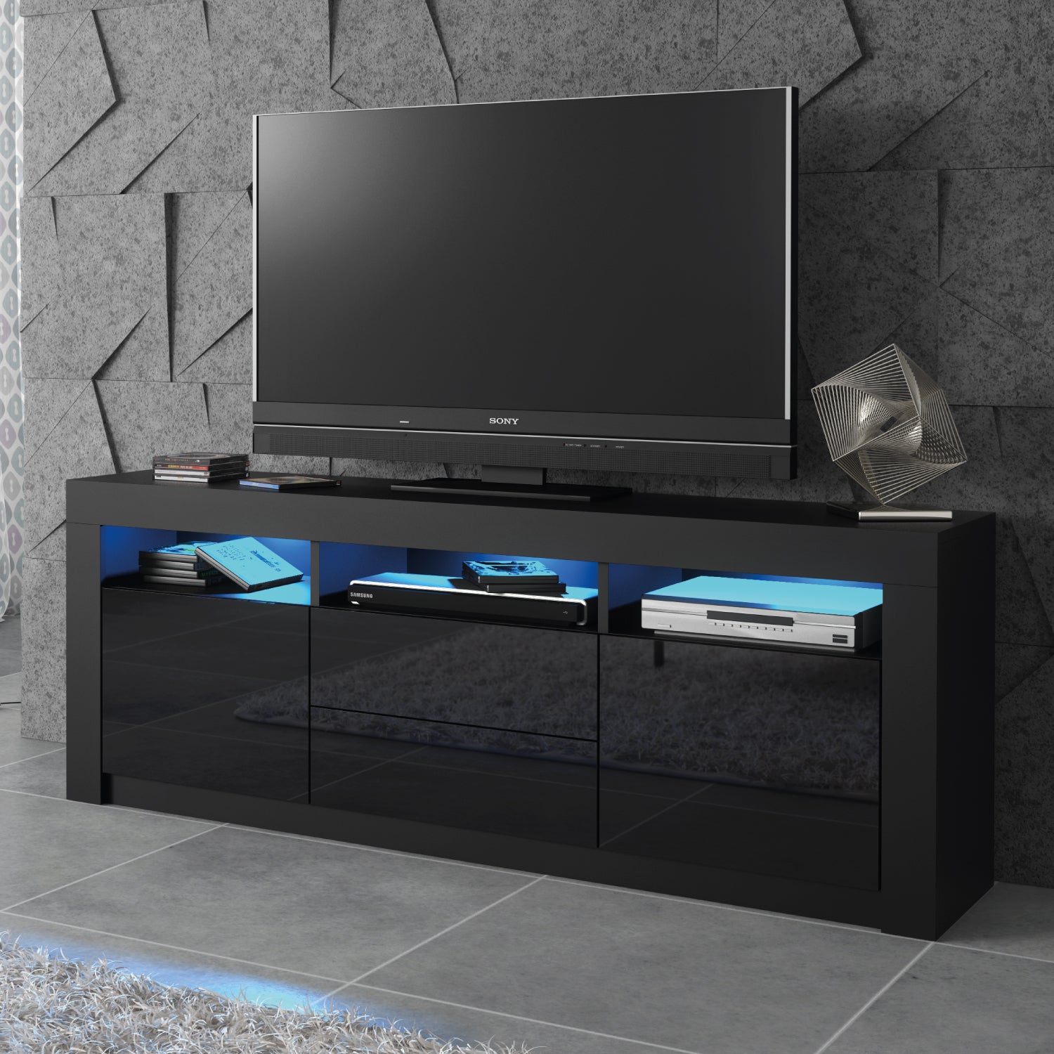 Shine Tv Unit 160cm With Led Lights | Black