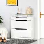Shoe Cabinet W/ 3 Drawers, High Gloss Front Panels Glass Top | One Size | White