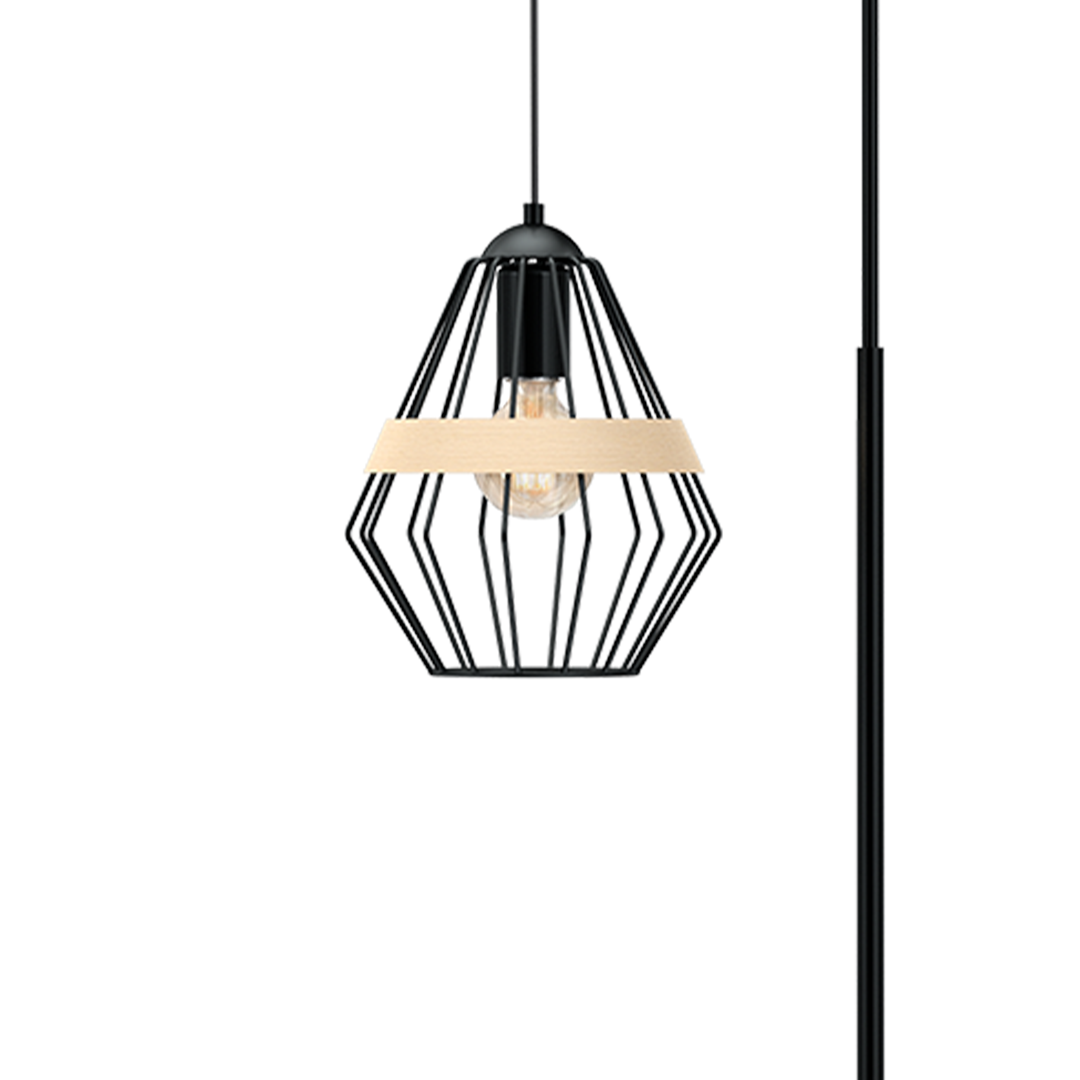 Cliff Black Floor Lamp Hand Made Matt Black Cage Style Lamp With Natural Wood Detail