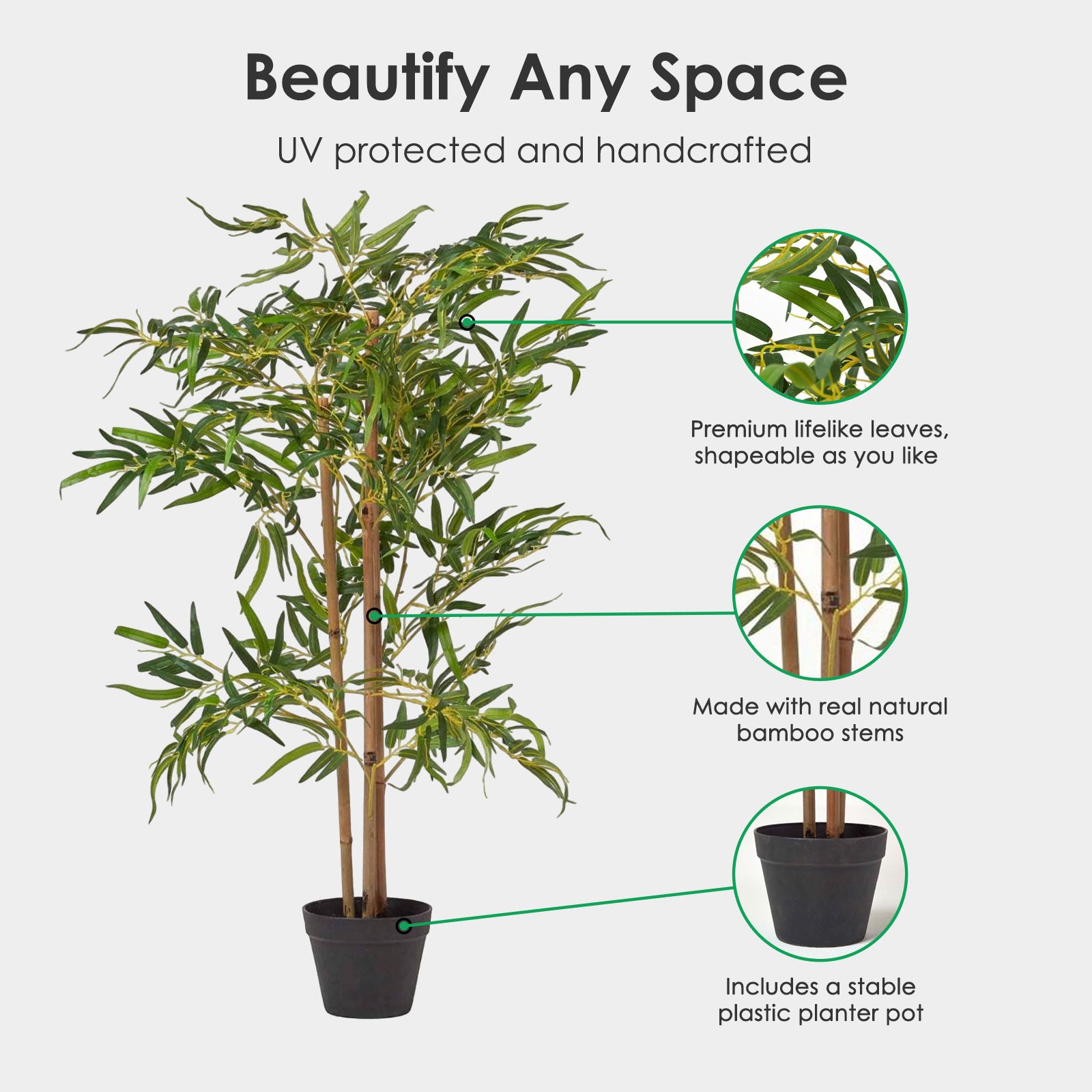 Artificial Green Handcrafted Tall Bamboo Tree In Black Pot, 100 Cm