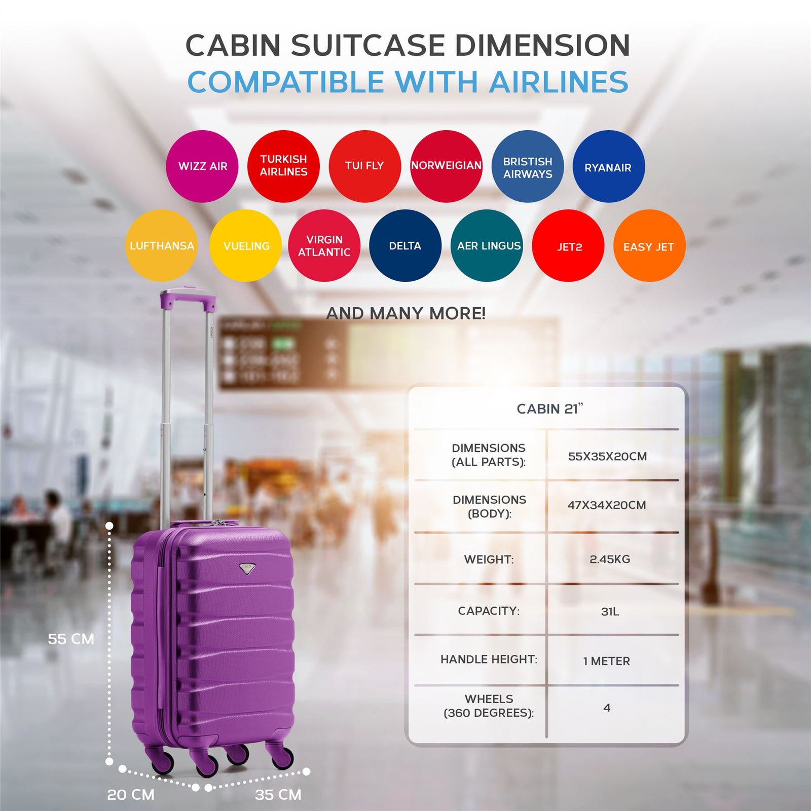 55x35x20cm Cabin Carry On Suitcase Hard Shell Overhead Luggage 100+ Airlines Approved | Cabin | Purple