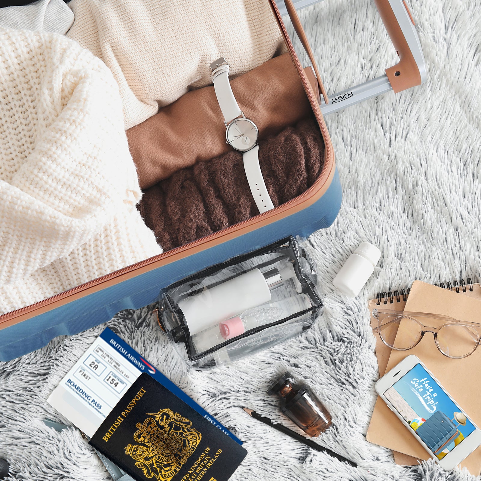 56x45x25cm Large Cabin Carry On Case - Overhead Luggage Suitcase - 4 Spinner Wheels - Abs Shell | 56 x 45 x 25cm | Blue