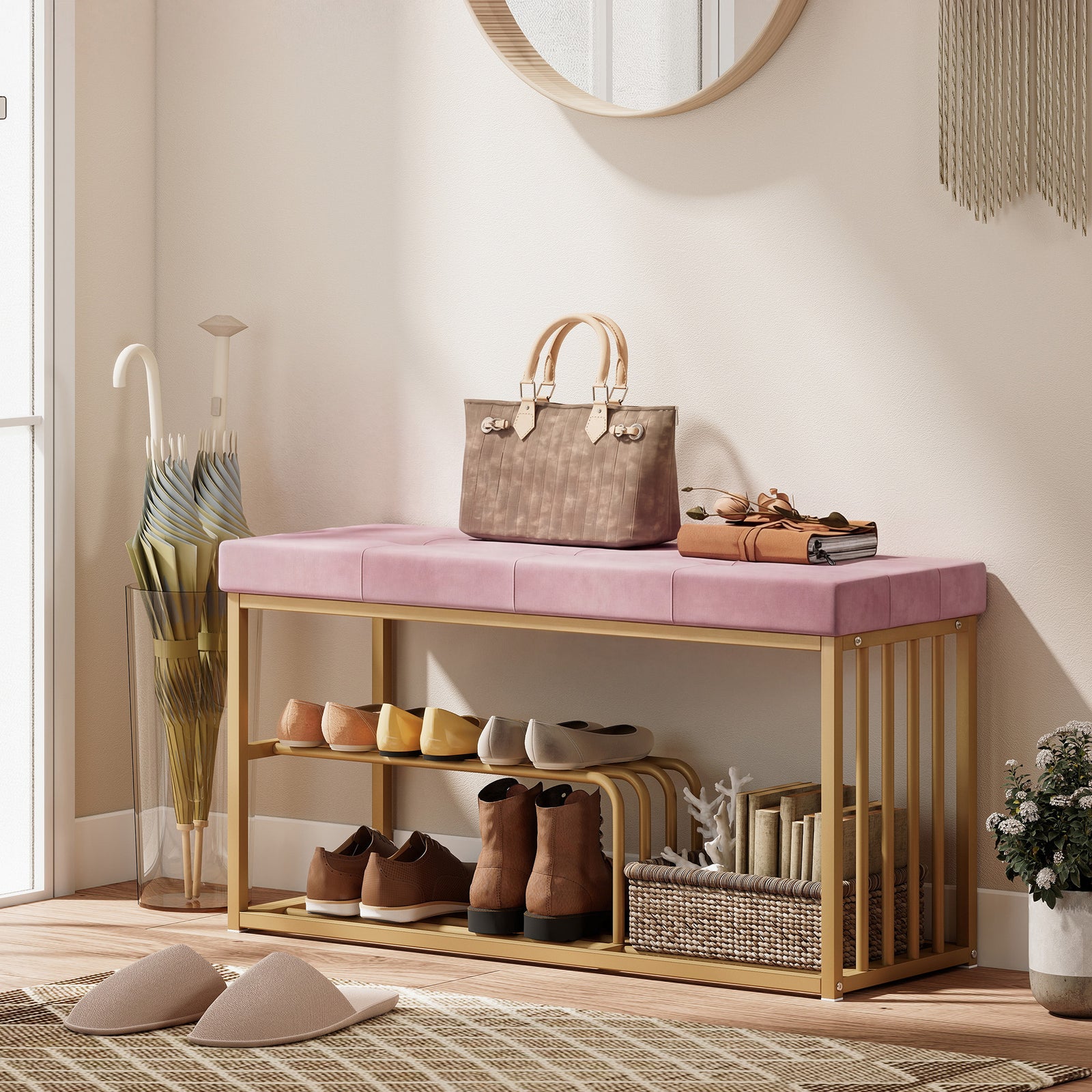 Shoe Storage Bench With Seat Cushion Tufted Shoe Rack Bench | Pink