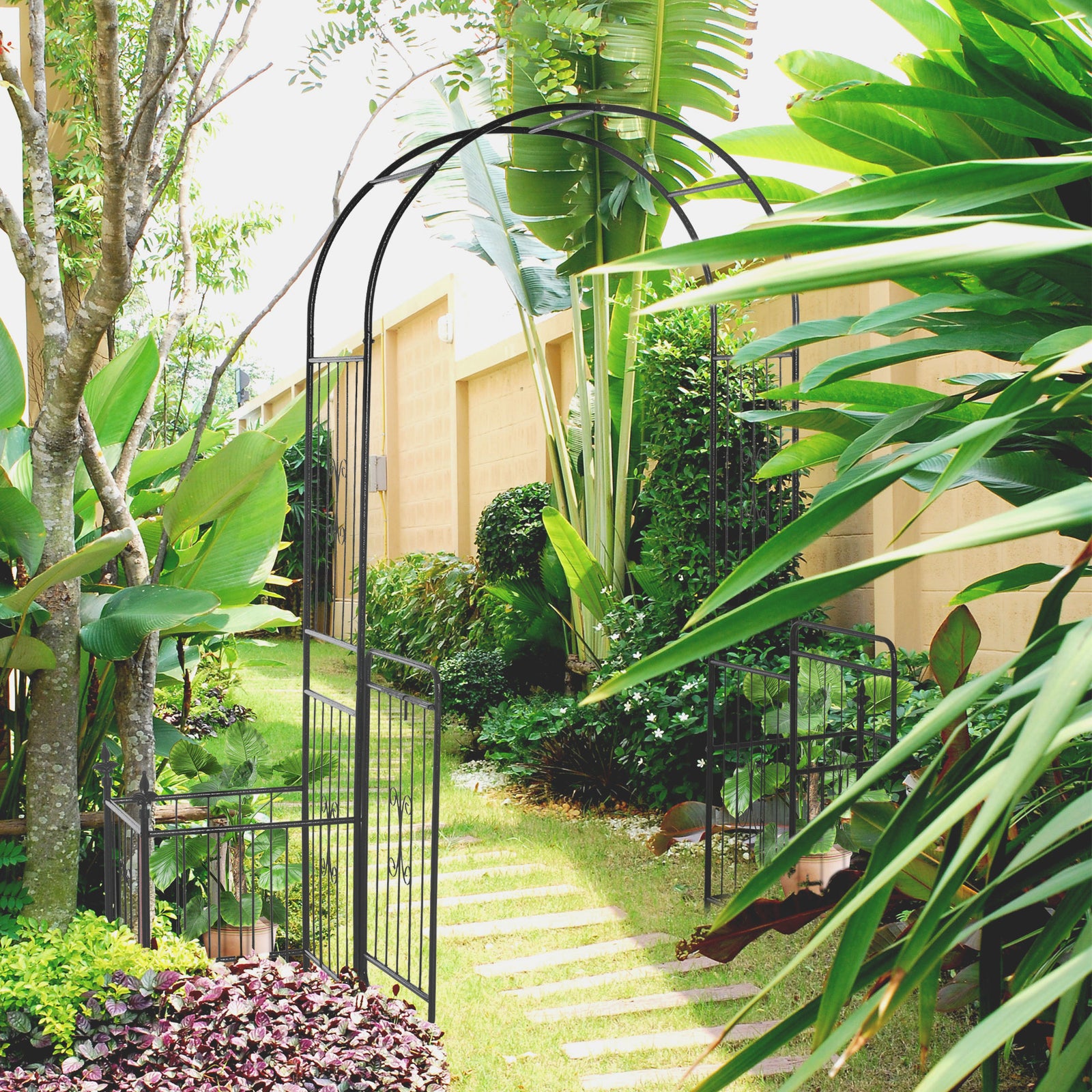 Garden Arbor Arch Gate W/ 2 Side Planter Boxes & Vine Frame