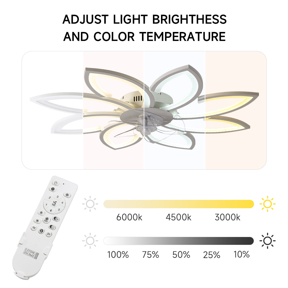 White 8-petal Ceiling Fan Light 3 Blades With 3-color Dimming, 6-speed ​, Remote Control, Timer & App Control