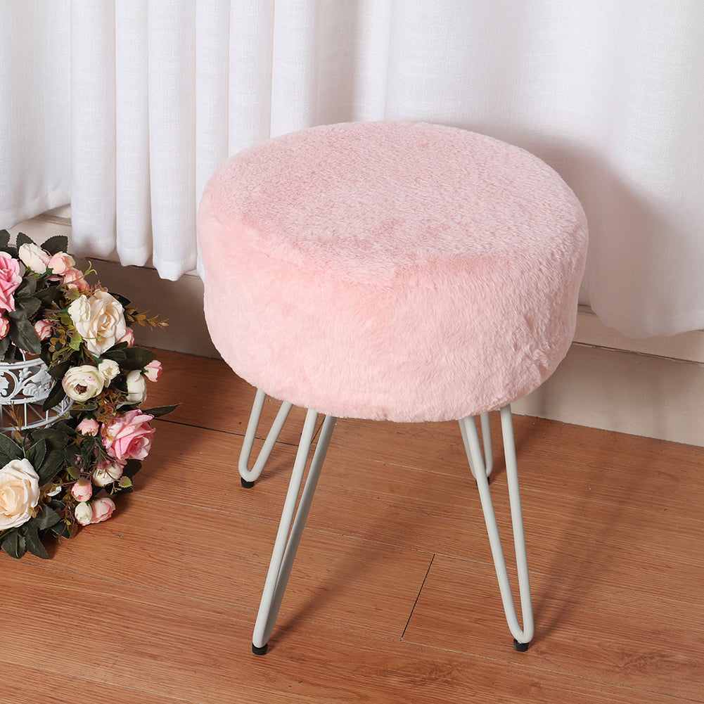 Round Fuzzy Ottoman Vanity Stool Soft Plush Makeup Chair For Bedroom | Pink