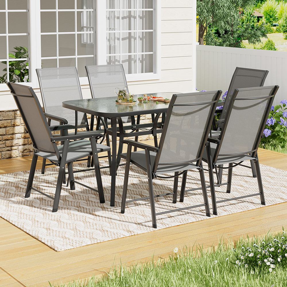7 Pieces Outdoor Tempered Glass Coffee Table With Foldable Chairs