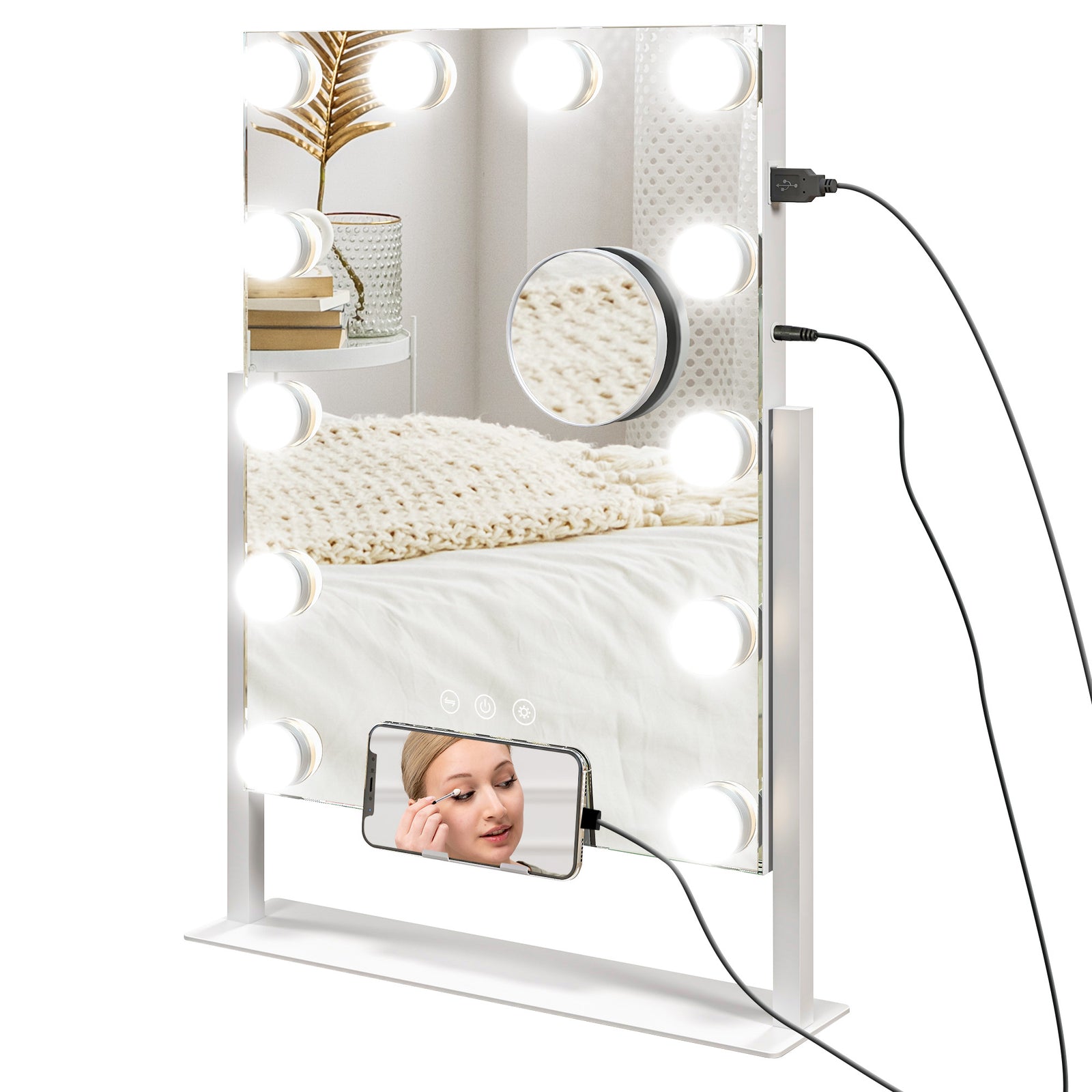 Hollywood Lighted Makeup Mirror With Magnifier, Usb Port