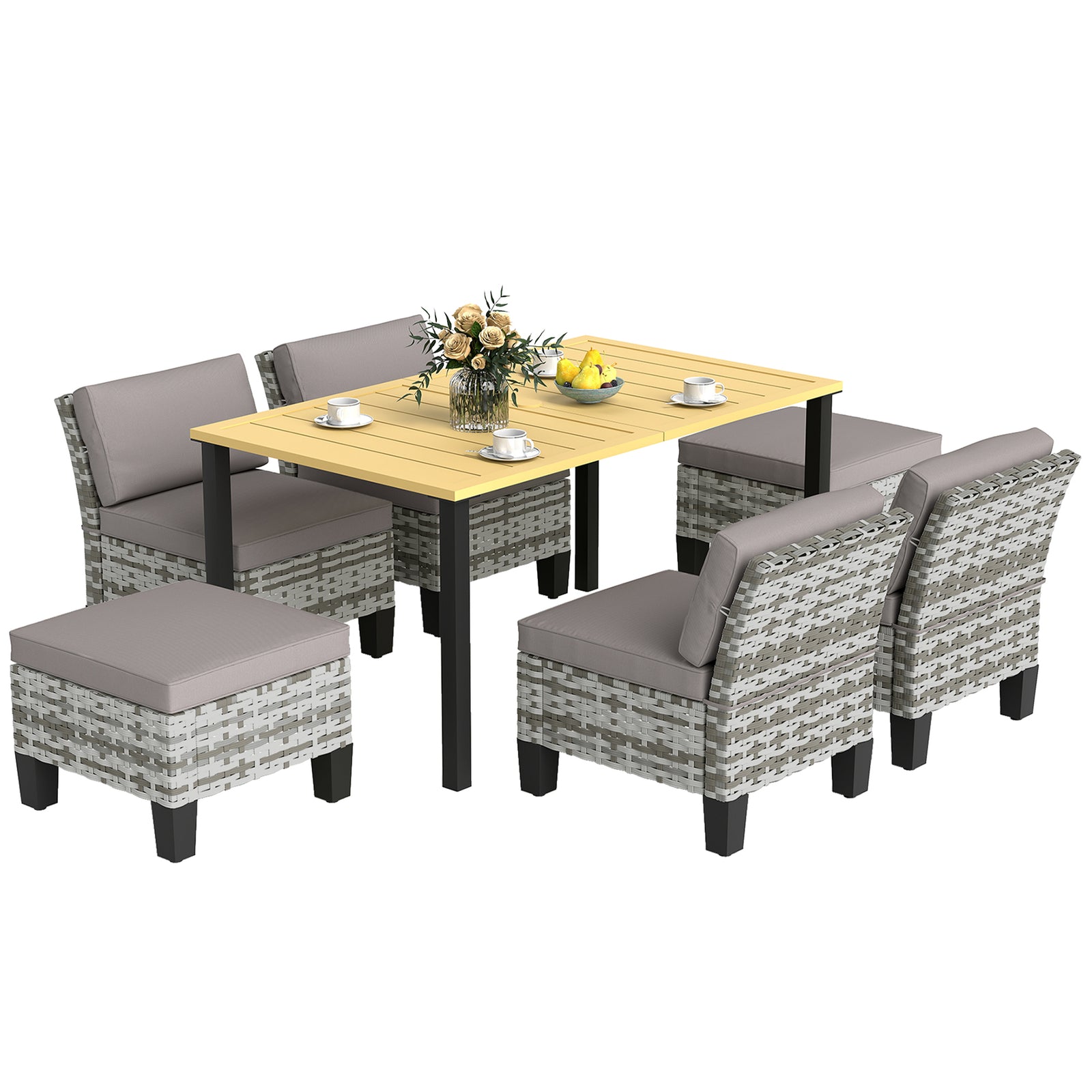 7-piece Rattan Dining Set, Slatted Metal Top Table, Grey