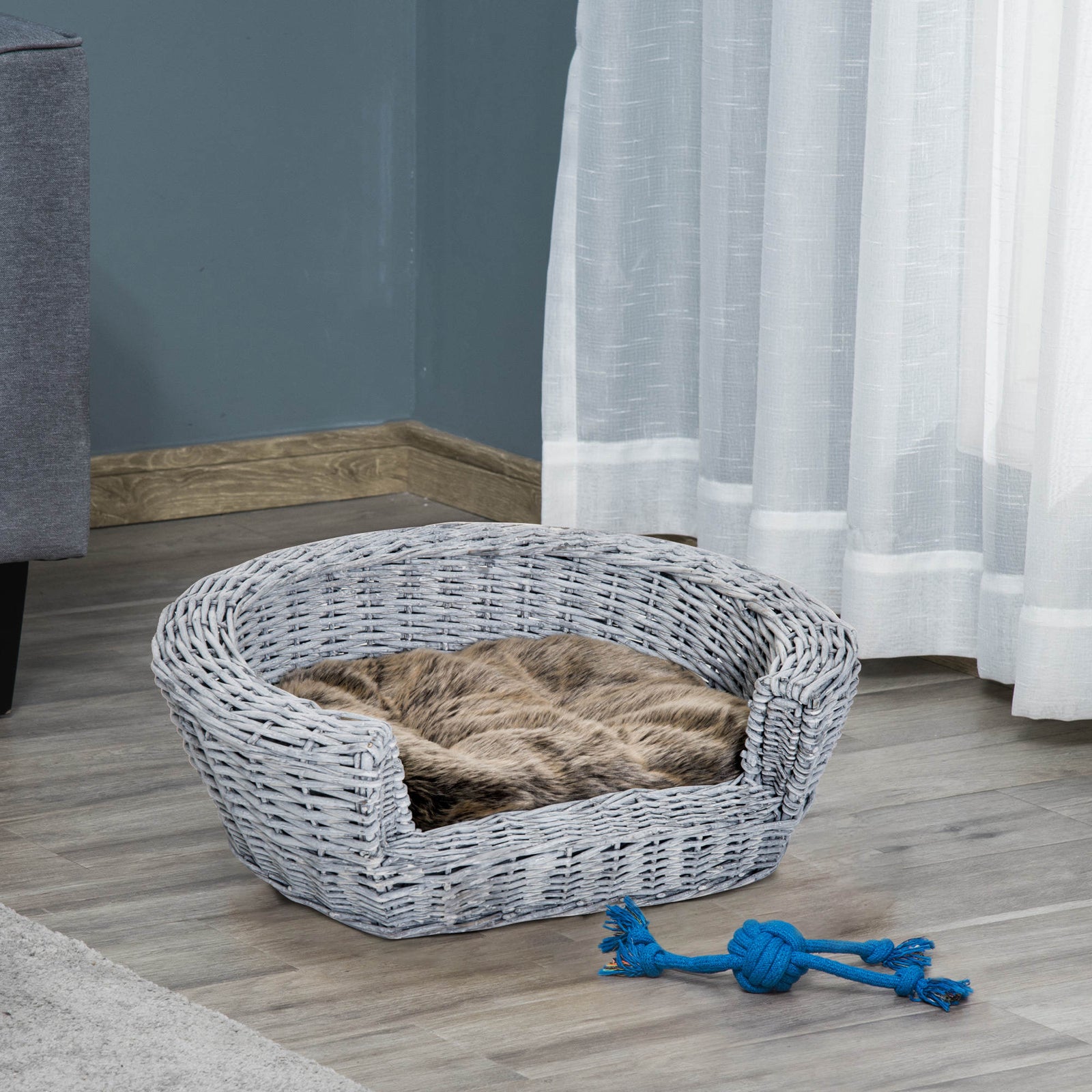 Elevated Dog Cat Couch Pet Basket Sofa Bed Wicker Willow Rattan W/cushion
