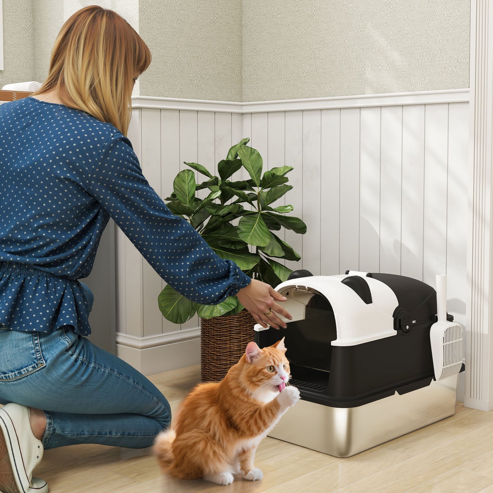 Xl Stainless Steel Litter Box Tray With Lid, Panda Style | Black