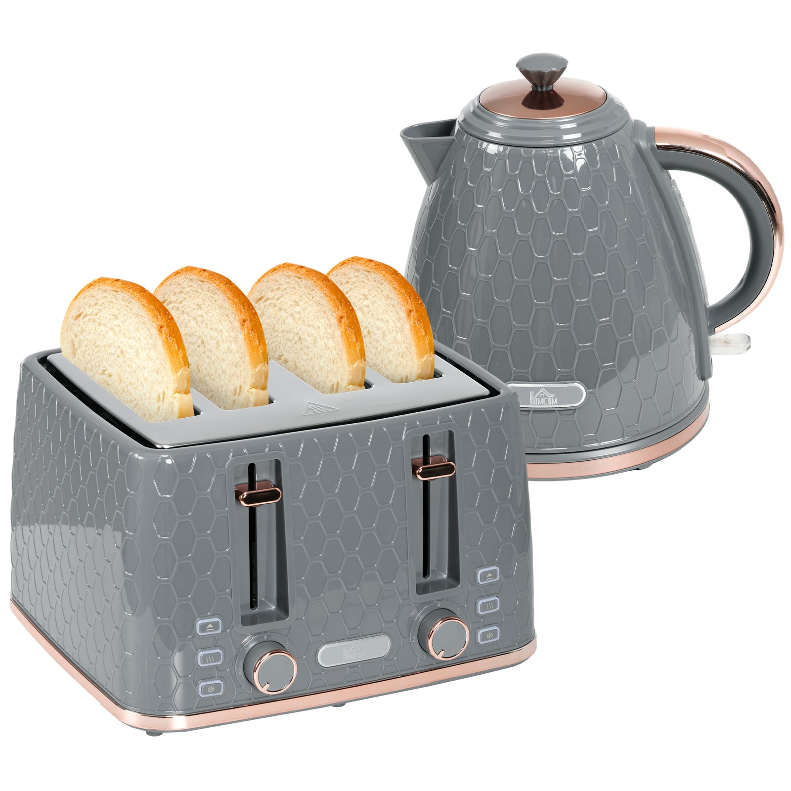 1.7l Kettle and 4 Slice Toaster Set With Defrost Reheat | Large | Grey