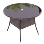 Round Garden Wicker Tempered Glass Table With Parasol Hole - 105cm Dia X 72 Cm H | One Size | Brown
