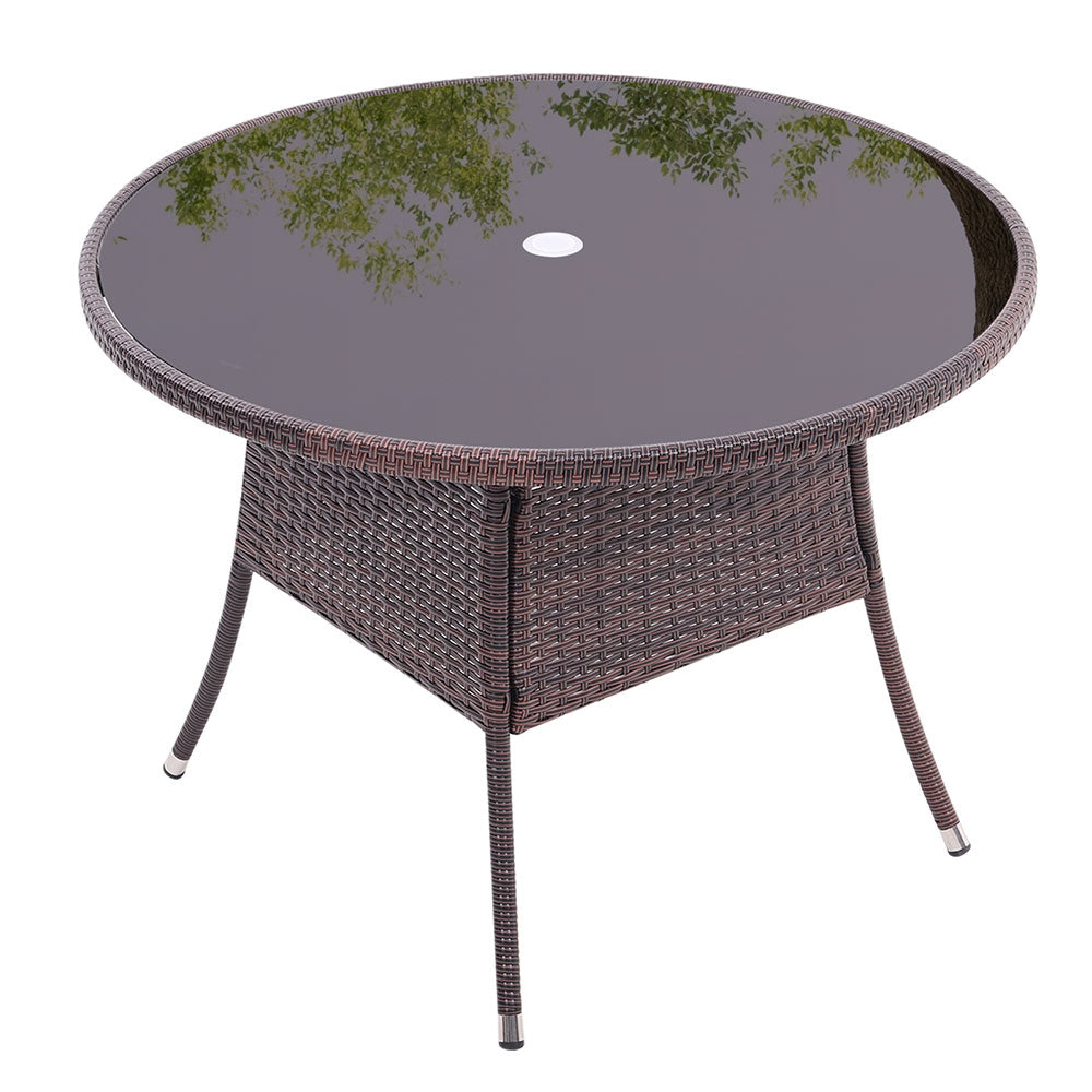 Round Garden Wicker Tempered Glass Table With Parasol Hole - 105cm Dia X 72 Cm H | One Size | Brown