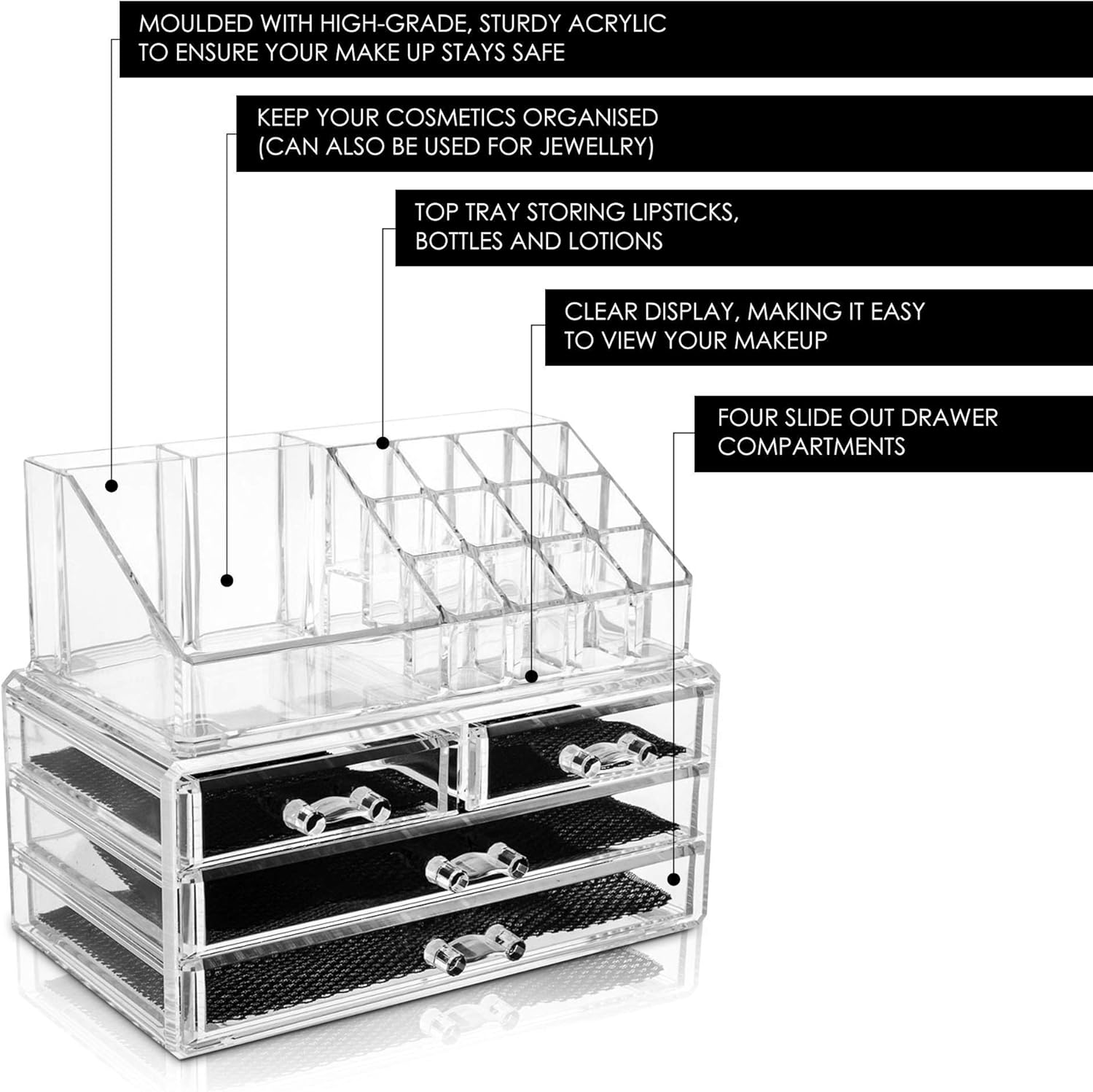 Glamsmacked Acrylic Makeup Organiser Clear 4 Drawer Storage For Cosmetics