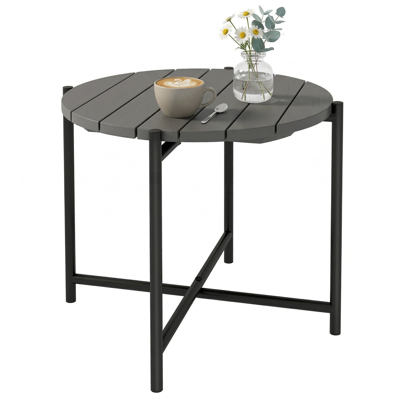 Outsunny 54 Cm Round Garden Table, Slatted Wood Top Outdoor Table, Dark Grey