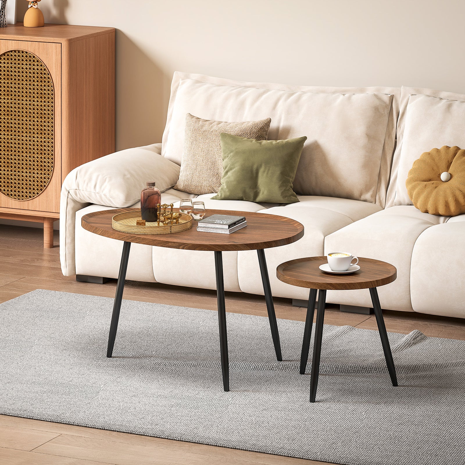 HOMCOM 2 80cm Sofa Side Table Set Of 2 With Metal Legs, Chestnut Wood Effect