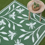 Luxury Outdoor Rug Waterproof Reversible For Garden Patio, Green Floral Bee