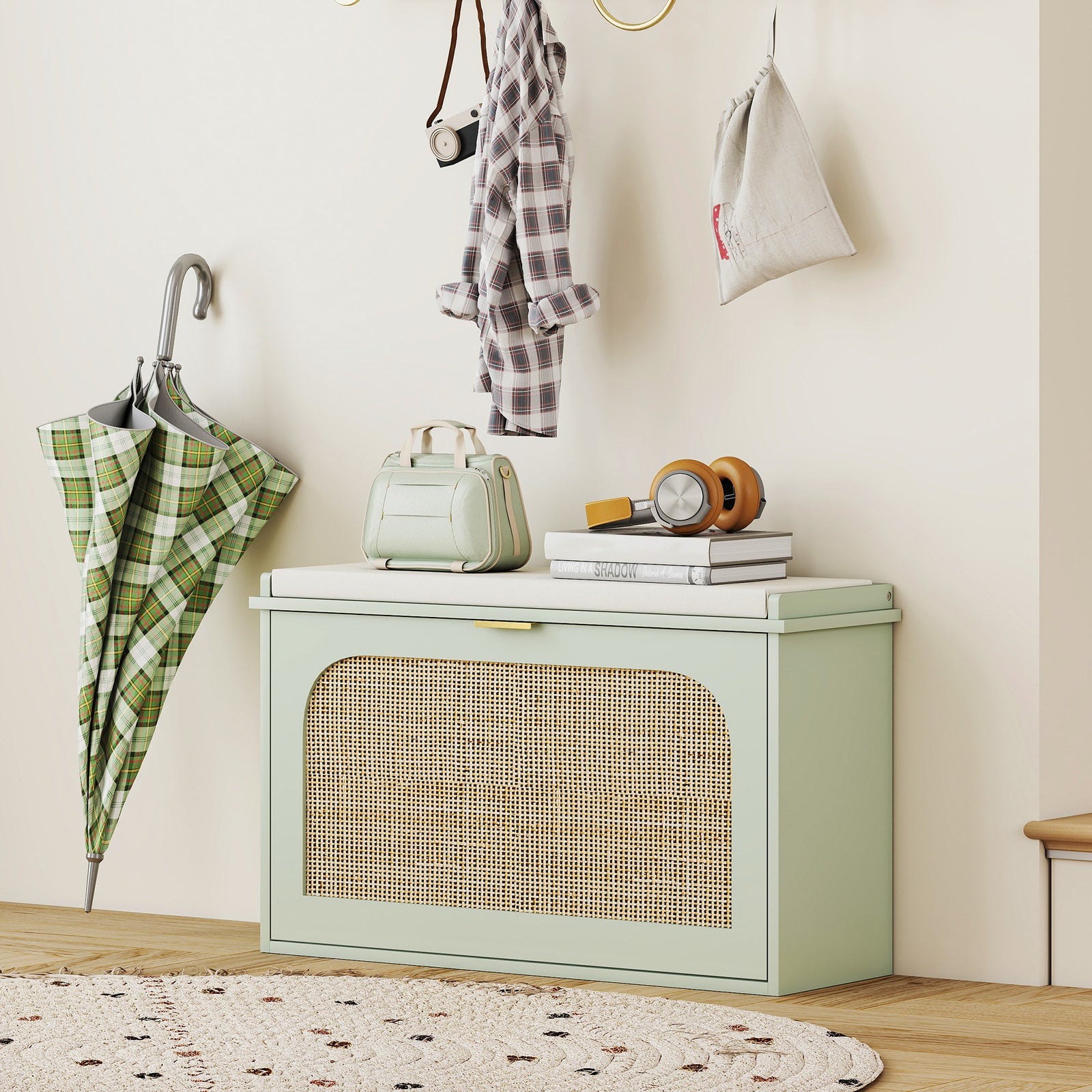 Boho Shoe Bench With Padded Seat And Flip-drawer | Light Green