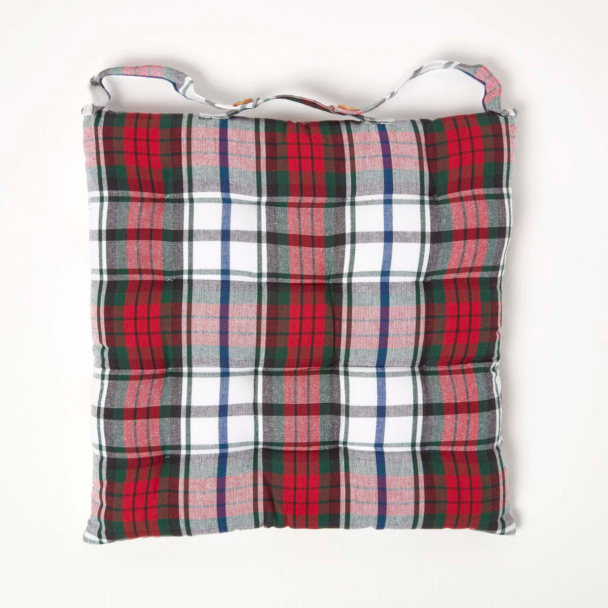 Tartan Check Seat Pad With Button Straps 100% Cotton, 40 X 40 Cm | Set of 1 | Red