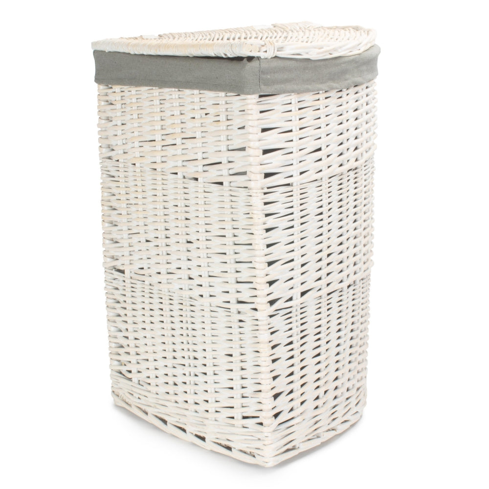 Corner White Wash Laundry Hamper With Grey Sage Lining | Large