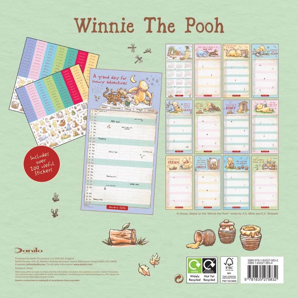 Winnie The Pooh 2026 Family Organiser Calendar (with Stickers) Official Product