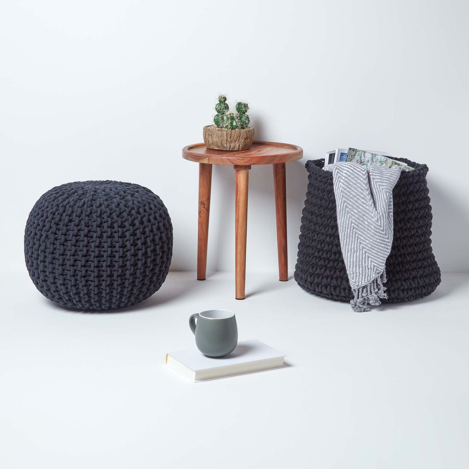 HOMESCAPES Black Round Cotton Knitted Pouffe Footstool