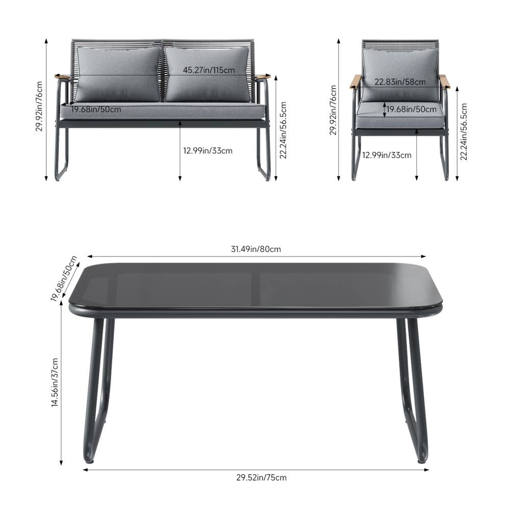 Breeins 4-piece Outdoor Pe Rattan Garden Furniture Set With Loveseat, 2 Armchairs & Glass Coffee Table, Cushioned Patio Conversation Set For Garden, Balcony & Backyard
